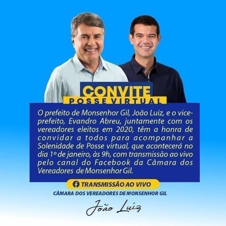 Prefeito João Luiz e vice Evandro Abreu tomam posse e população vai acompanhar via internet