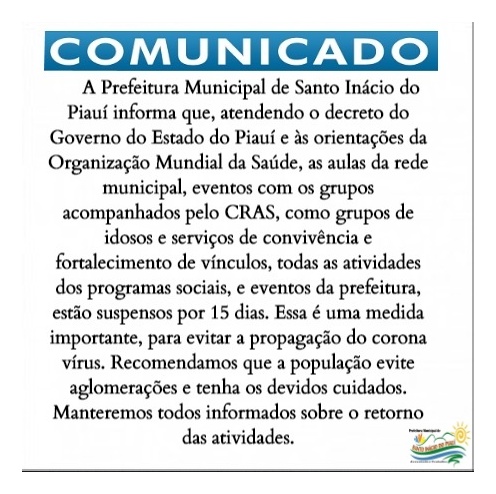 Prefeito suspende aulas e outras atividades por 15 dias em virtude da prevenção contra o coronavírus  - Imagem 1
