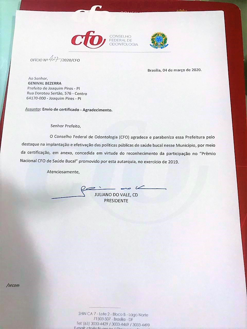 Joaquim Pires é certificado com Prêmio Nacional CFO de Saúde Bucal - Imagem 1