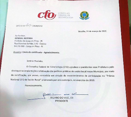 Joaquim Pires é certificado com Prêmio Nacional CFO de Saúde Bucal