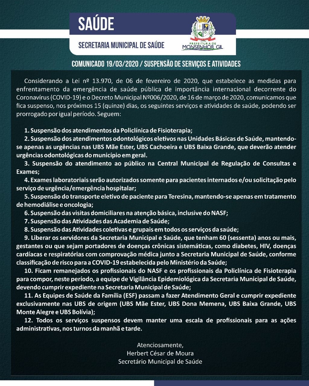 Monsenhor Gil entra no combate ao Covid-19. Prefeito baixa Decreto suspendendo serviços - Imagem 6