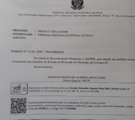 TRE-PI emite despacho suspendendo a revisão eleitoral no município de Coivaras
