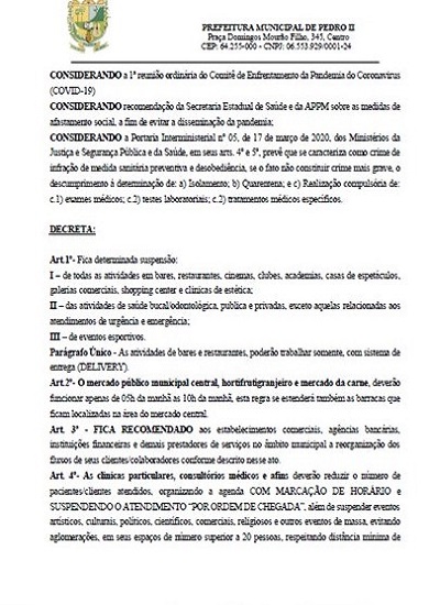 Prefeitura Municipal de Pedro II baixa decreto de calamidade pública em decorrência da pandemia do Covid-19  - Imagem 1