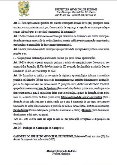 Prefeitura Municipal de Pedro II baixa decreto de calamidade pública em decorrência da pandemia do Covid-19  - Imagem 4