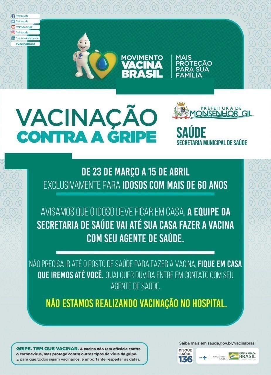 Idosos de Monsenhor Gil serão vacinados em casa na campanha contra a gripe