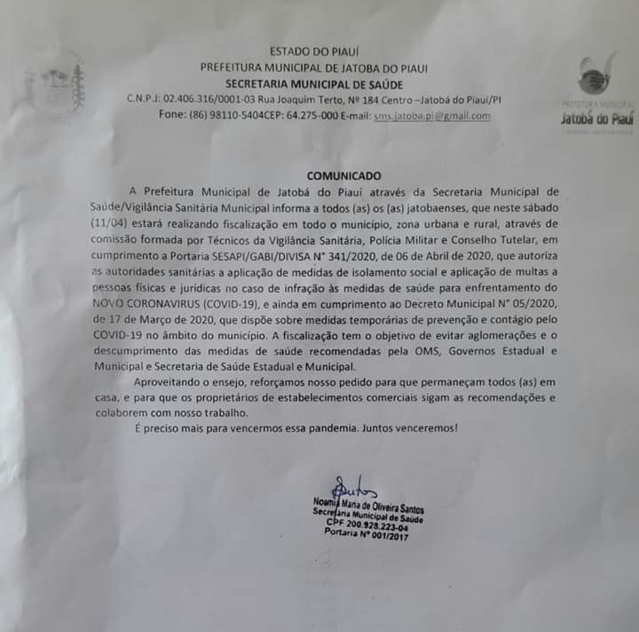 Prefeitura de Jatobá do Piauí e Secretaria Municipal de Saúde divulgam comunicado oficial a população sobre fiscalização no município por conta do novo Coronavírus