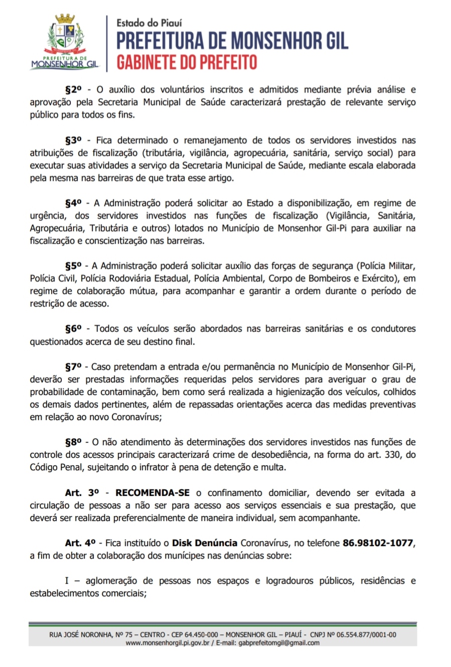 Novo Decreto Municipal anuncia Barreiras Sanitárias no perímetro de Monsenhor Gil - Imagem 3