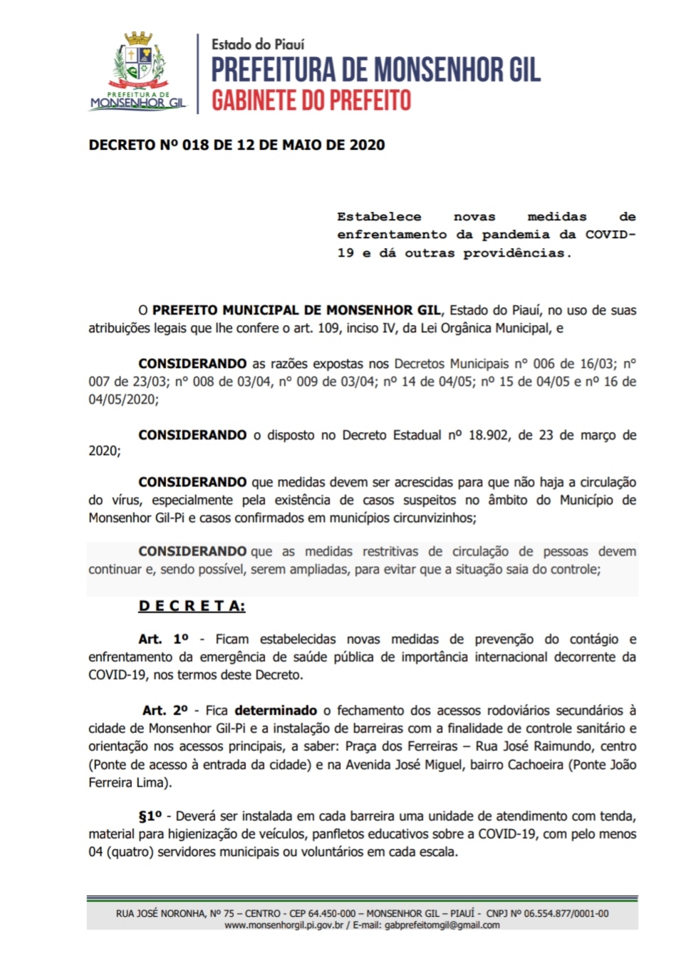 Novo Decreto Municipal anuncia Barreiras Sanitárias no perímetro de Monsenhor Gil - Imagem 2