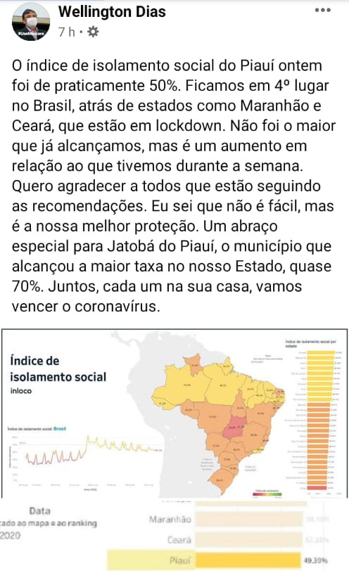 Governador Wellington Dias parabeniza Jatobá do Piauí por ficar em primeiro lugar no isolamento social no Piauí - Imagem 3