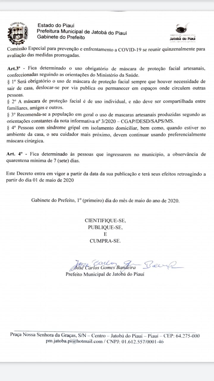 Prefeito Zé Carlos prorroga Decreto Municipal em Jatobá do Piauí - Imagem 2
