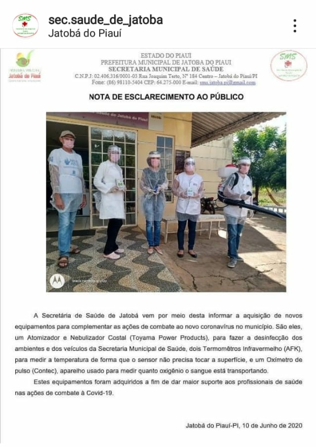 Secretaria municipal de saúde de Jatobá do Piauí faz aquisição de novos equipamentos para contemplar as ações de combate ao novo Coronavírus no município - Imagem 1