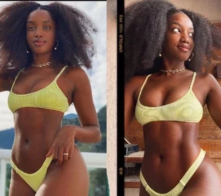 IZA posa sensual de biquíni, com cara limpa e cabelos naturais; fotos