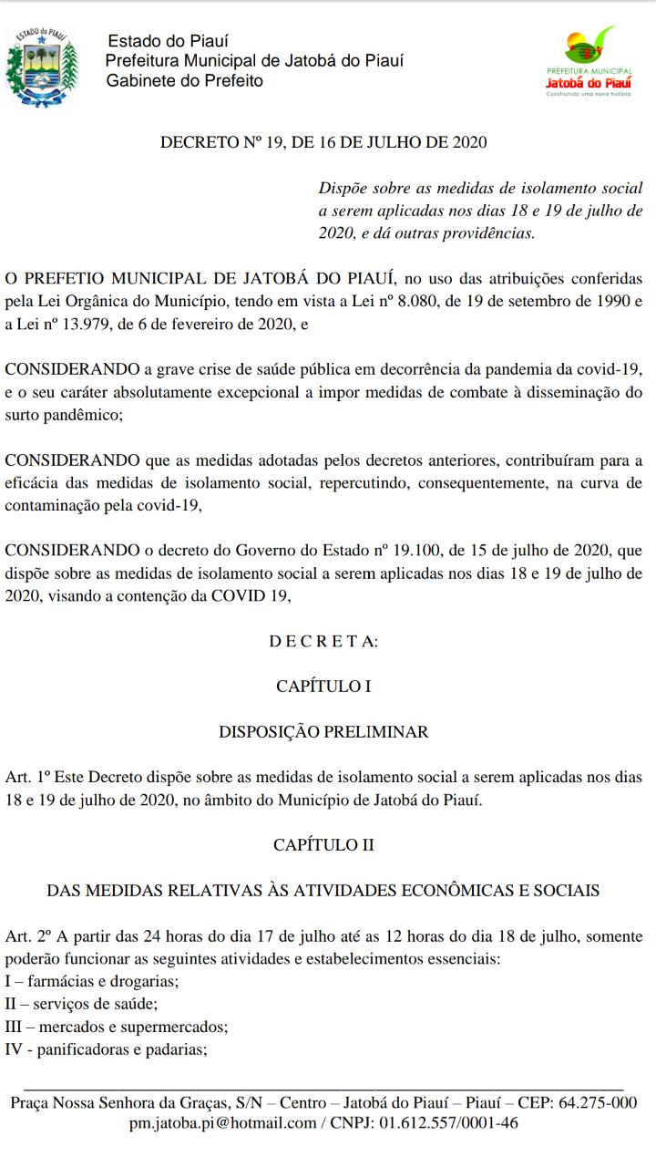 Jatobá do Piauí seguirá Decreto do Governo do Estado com medidas de isolamento social que serão aplicadas no final de semana. - Imagem 1