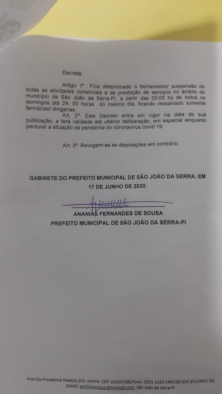Decreto Municipal deixa domingos em lockdown na cidade de São João da Serra - Imagem 2