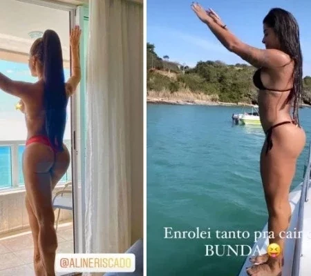 Aline Riscado faz topless na varanda de quarto e mostra mergulho;fotos