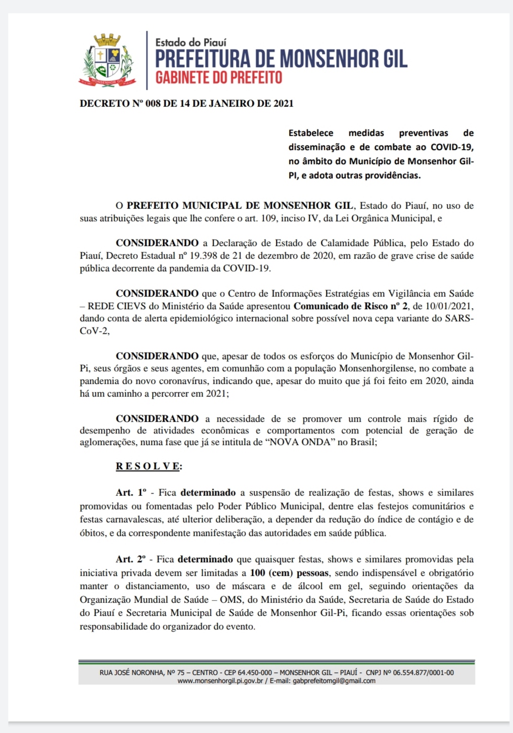 Prefeito João Luiz de Monsenhor Gil baixa Decreto cancelando todos os tipos de festas, pública e privada, incluindo o carnaval - Imagem 2