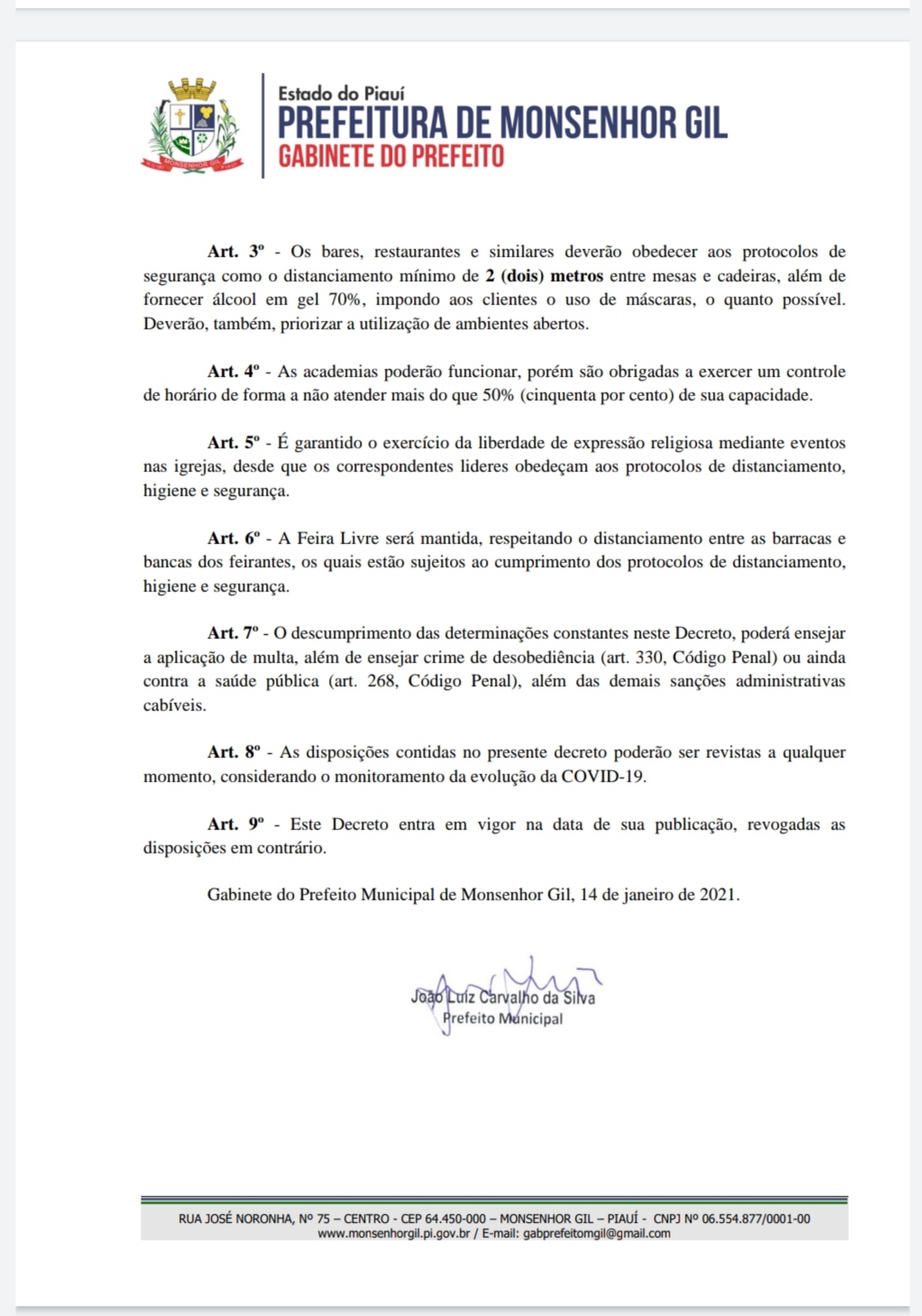 Prefeito João Luiz de Monsenhor Gil baixa Decreto cancelando todos os tipos de festas, pública e privada, incluindo o carnaval - Imagem 3