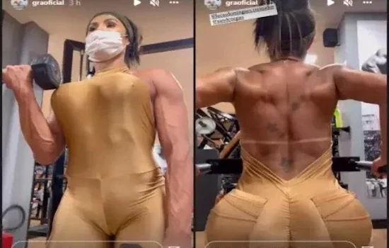 Com parte íntima marcando na legging, Gracyanne Barbosa posa na academia
