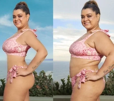 Preta Gil posta de biquíni com e sem retoque e diz: “Busque se amar”