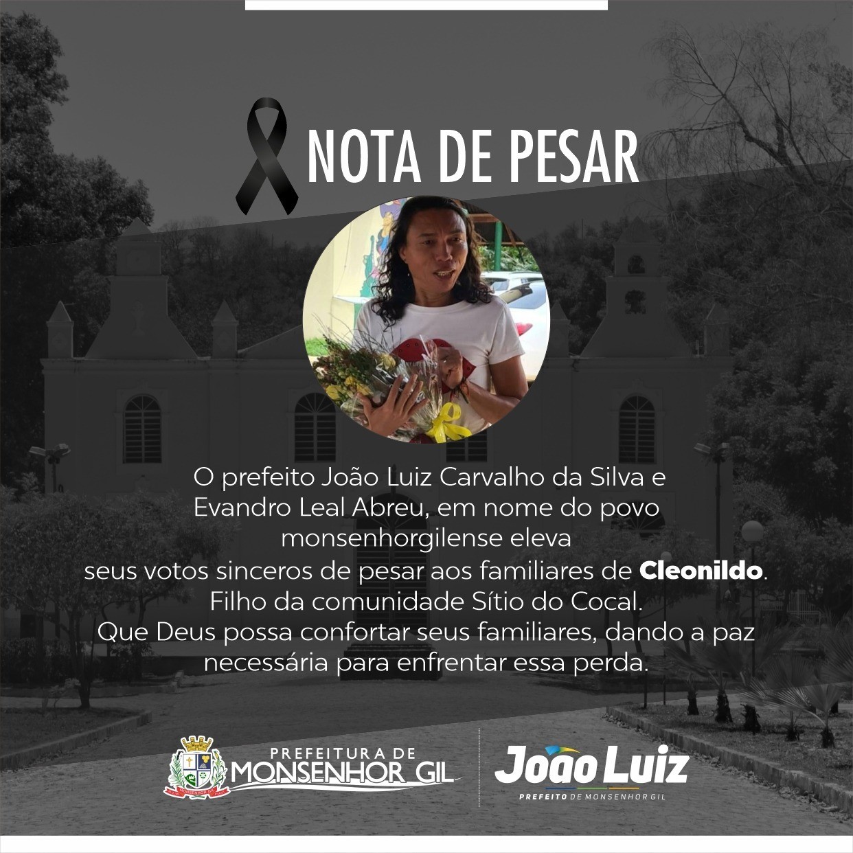 Prefeitura de Monsenhor Gil emite nota de pesar pela morte do Creunilton