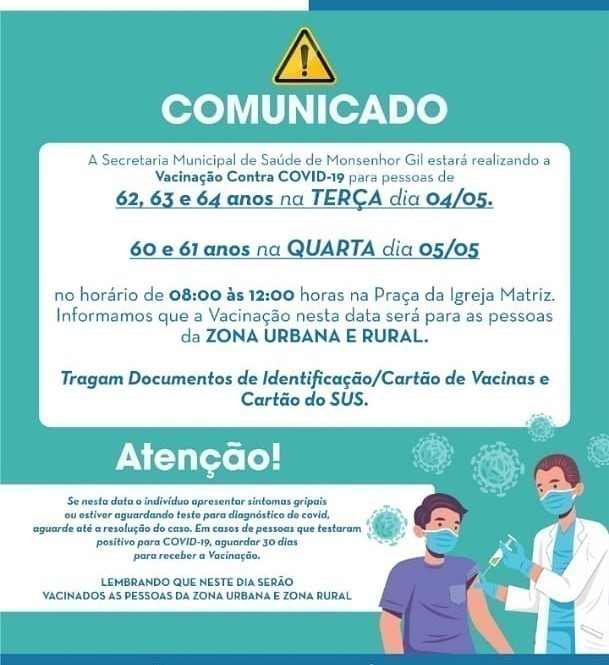 Em Monsenhor Gil, prefeitura convoca para nova etapa da vacinação