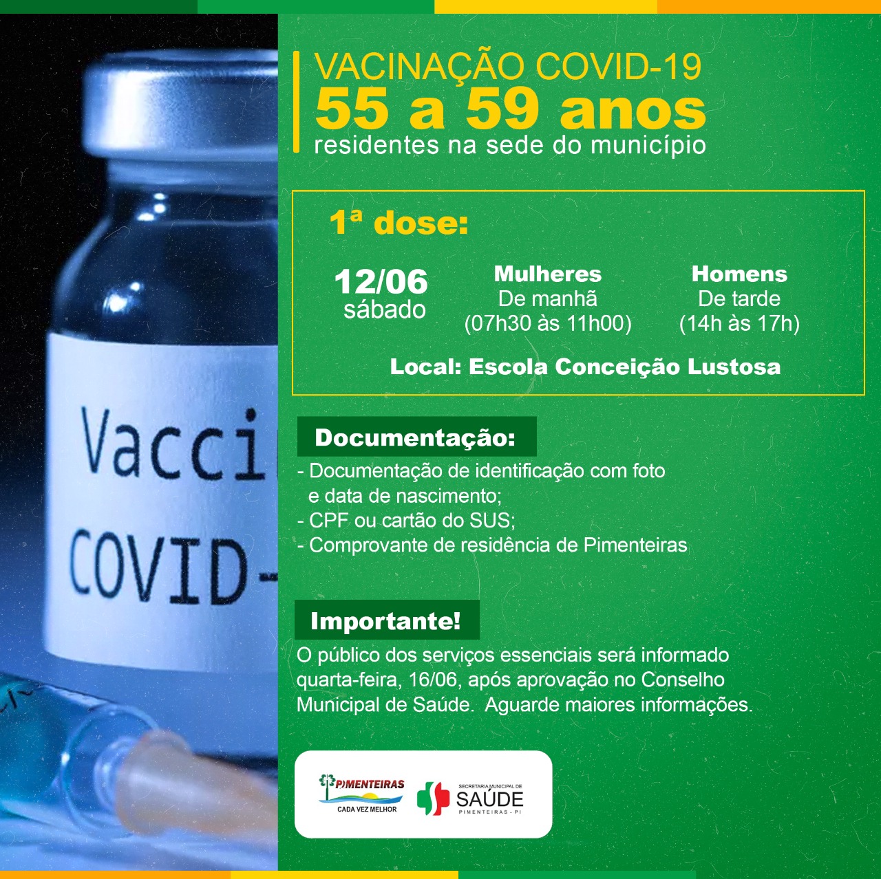 Covid-19: Pimenteiras inicia vacinação para população entre 55 a 59 anos  - Imagem 1