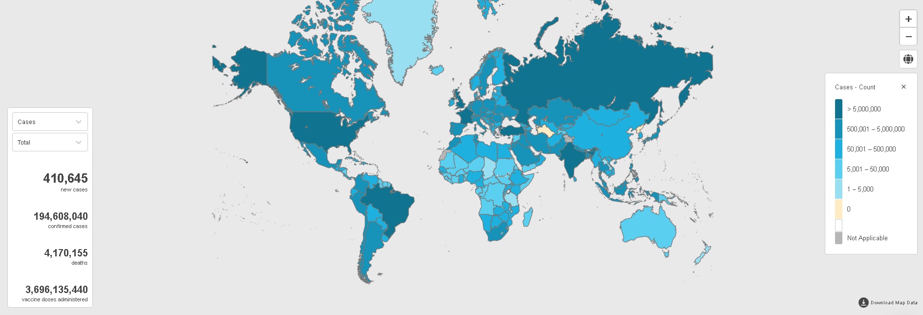 Cenário da pandemia da Covid-19 no mundo;EUA tem mais de 34 milhões de casos confirmados até agora \ foto: Reprodução