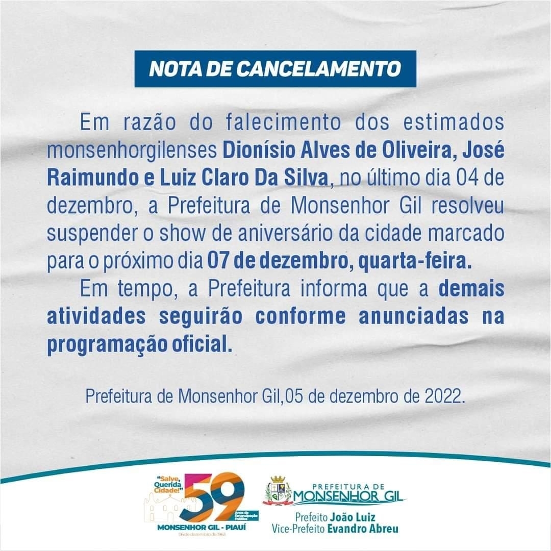 Devido morte de três monsenhorgilenses, prefeito João Luiz cancela festa 