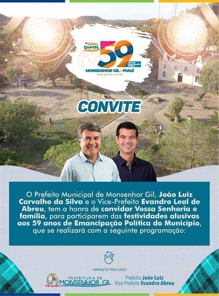 Prefeito João Luiz convida para aniversário de 59 anos de Monsenhor Gil - Imagem 1