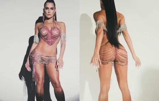  Deborah Secco usa look transparente de cristais no Desfile das Campeãs