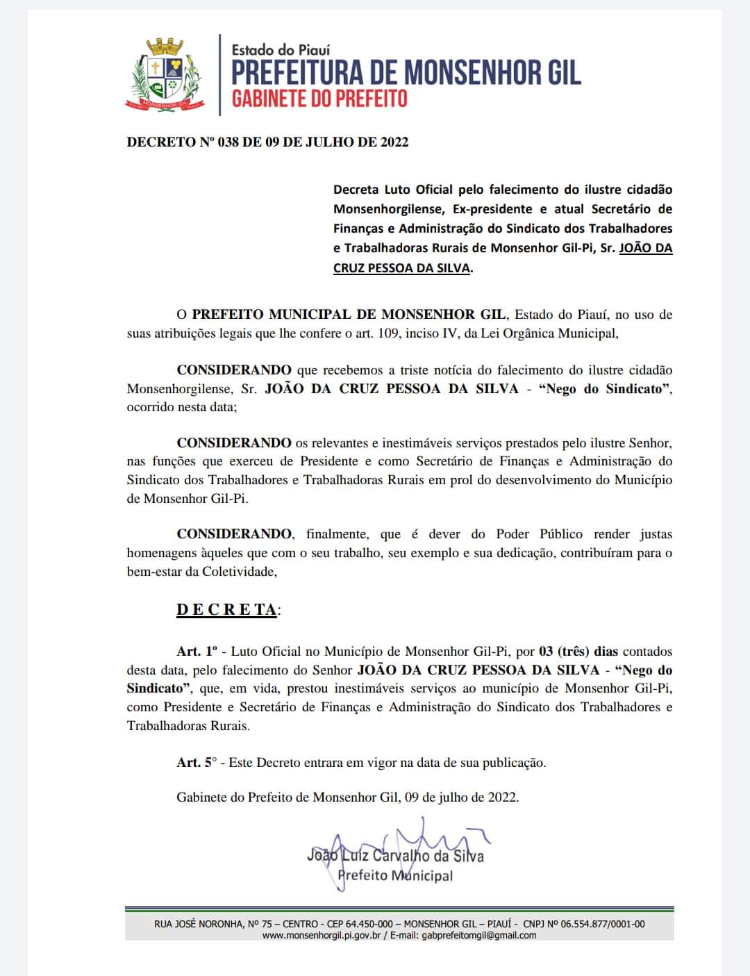 Prefeito decreta luto oficial por 03 dias pela morte de sindicalista  - Imagem 1
