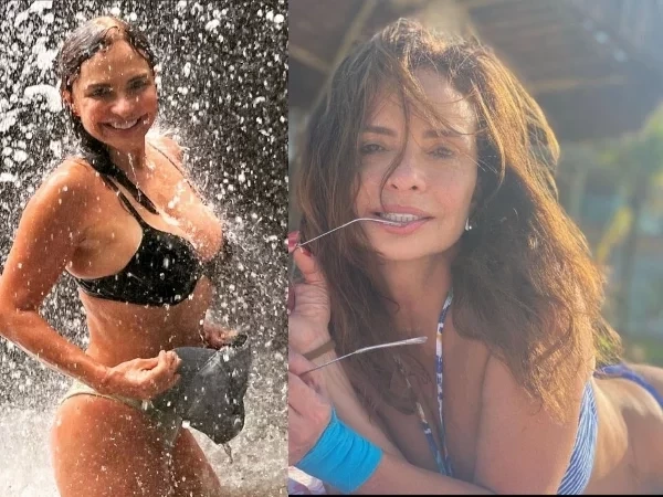 Aos 61 anos, Luiza Tomé 'lava a alma' de biquíni e impressiona com corpão
