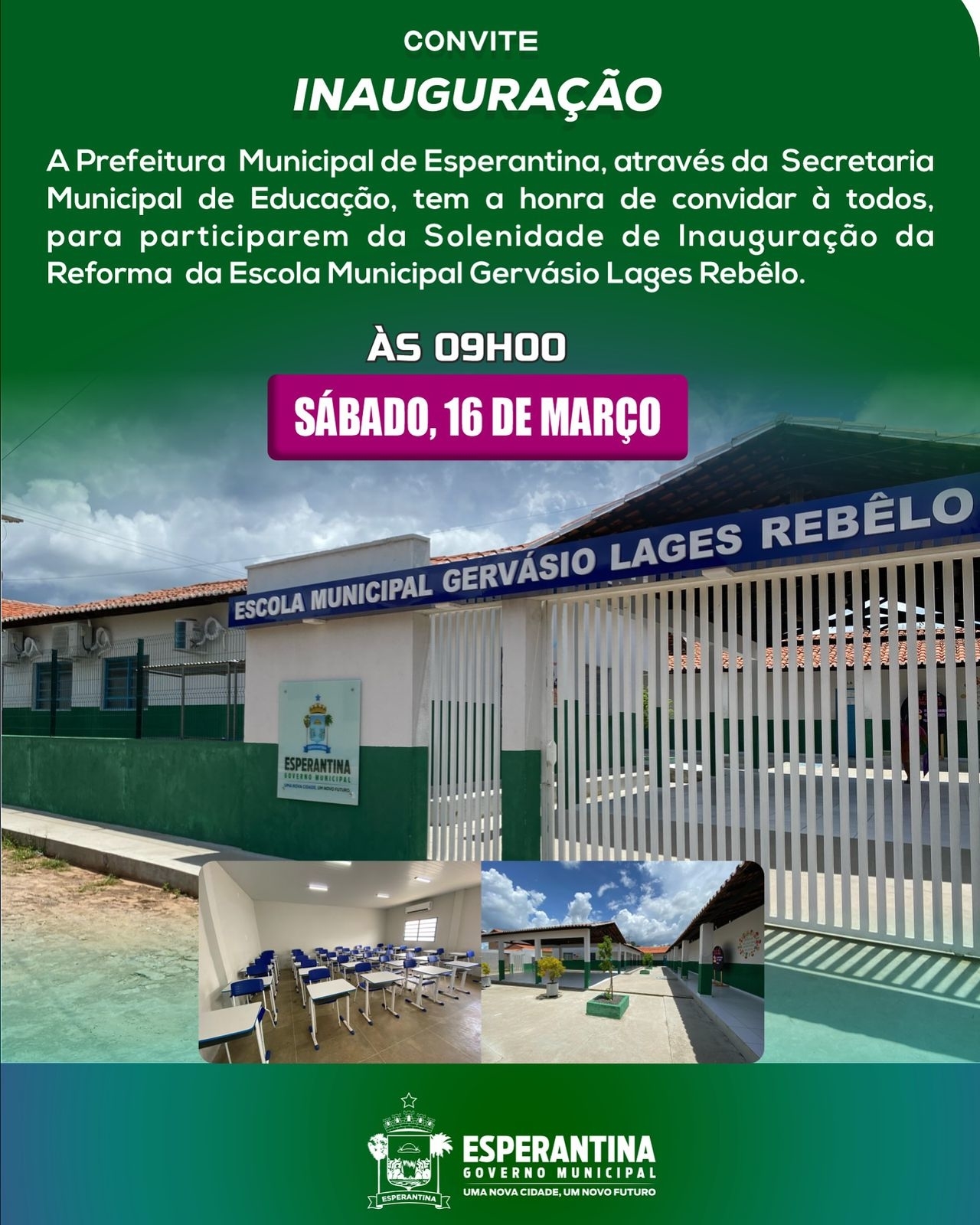 Prefeitura irá inaugurar reforma da Escola Municipal Gervásio Lages.