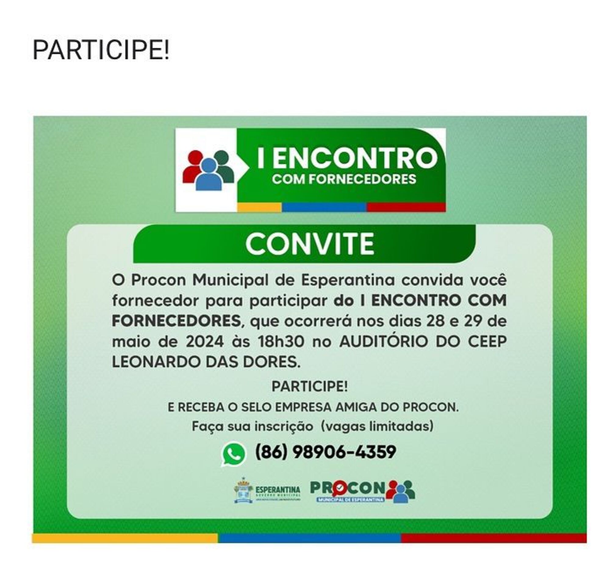 Esperantina realizará o I Encontro com Fornecedores.