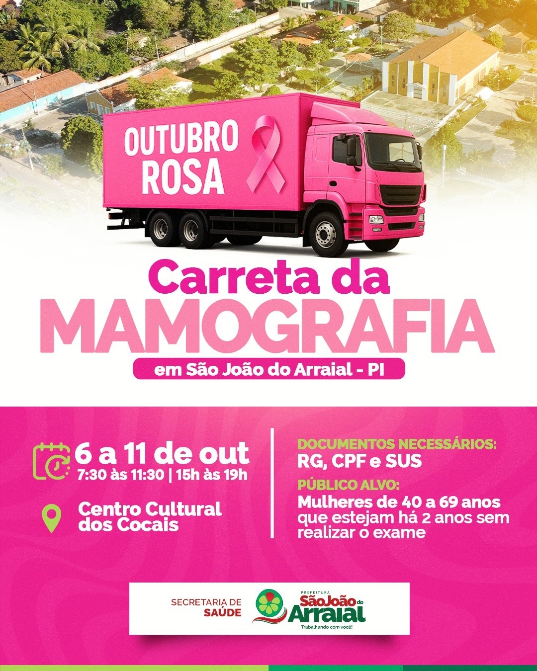 Prefeitura de São João do Arraial anuncia programação do Outubro Rosa com realização de mamografias gratuitas - Imagem 1