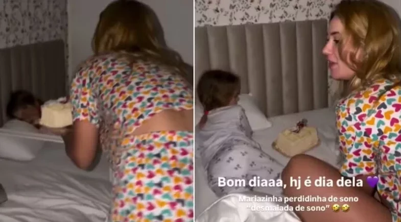 Virgínia Fonseca acorda Maria Flor com bolo em manhã de aniversário de 3 anos