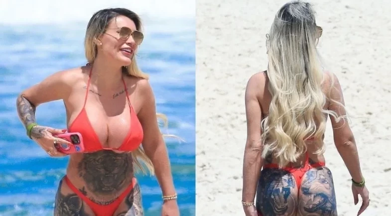 Andressa Urach exibe corpo tatuado em dia de praia com o filho no Rio