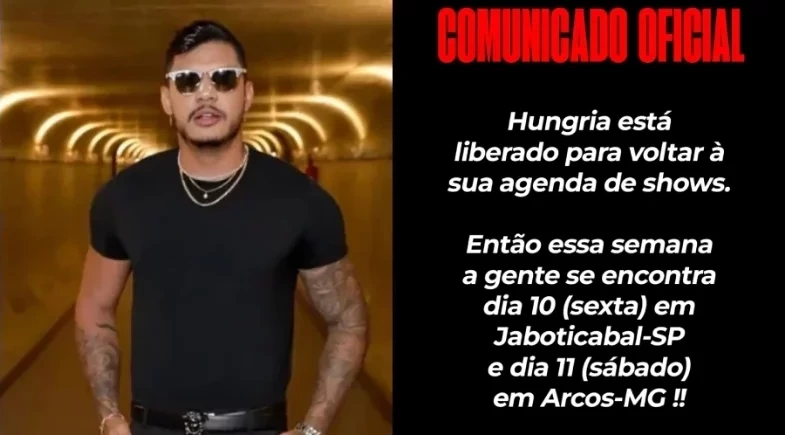 Hungria é liberado e retoma agenda de shows após alta hospitalar