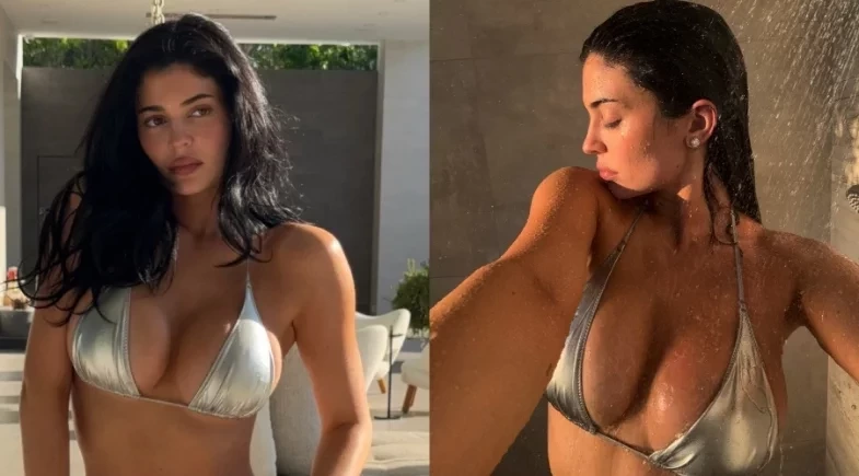 Kylie Jenner posa de biquíni prateado e derrete a web
