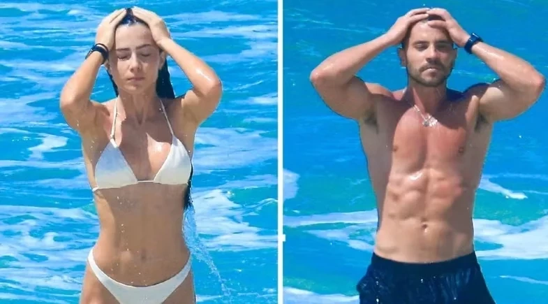Jade Picon e André Lamoglia se refrescam no mar após treino de futevôlei; fotos