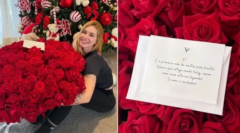 Virginia Fonseca ganha buquê de rosas de Vini Jr. em comemoração a um mês de namoro