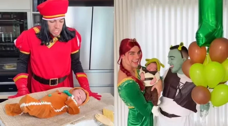 Lucas Rangel e Lucas Bley celebram mêsversário da filha Mia com festa inspirada em Shrek