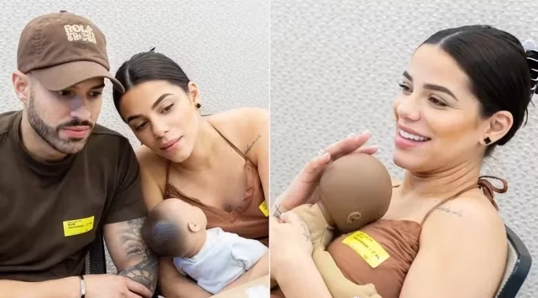 Grávida de oito meses, ex-BBB Key Alves aprende a trocar fraldas em curso de gestante