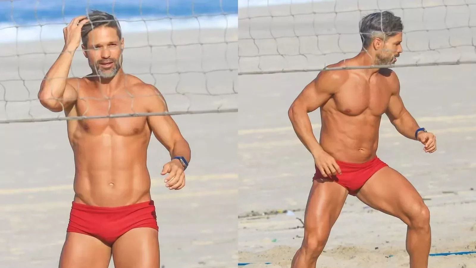 De sunga vermelha, Diego Ribas joga futevôlei na praia e exibe corpão sarado