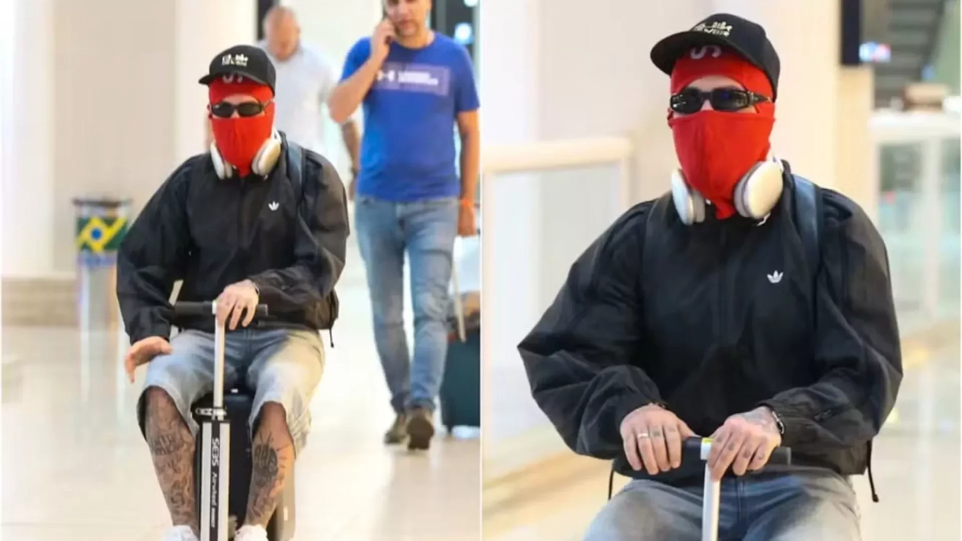 MC Daniel desembarca no Rio com mala elétrica e rosto coberto