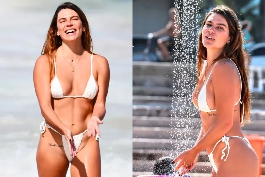 Ex de Cauã Reymond exibe corpão em dia de praia no Rio de Janeiro