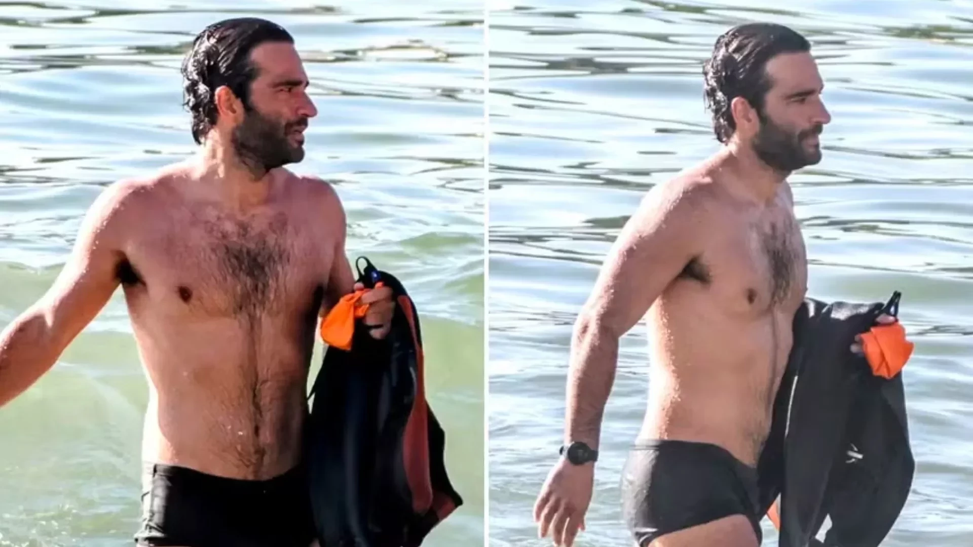 Humberto Carrão aproveita folga de 'Vale Tudo' para se refrescar em praia