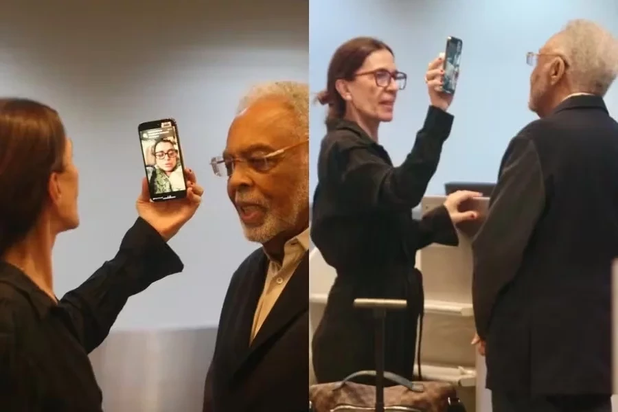 Gilberto Gil é clicado fazendo chamada de vídeo com Preta Gil em aeroporto