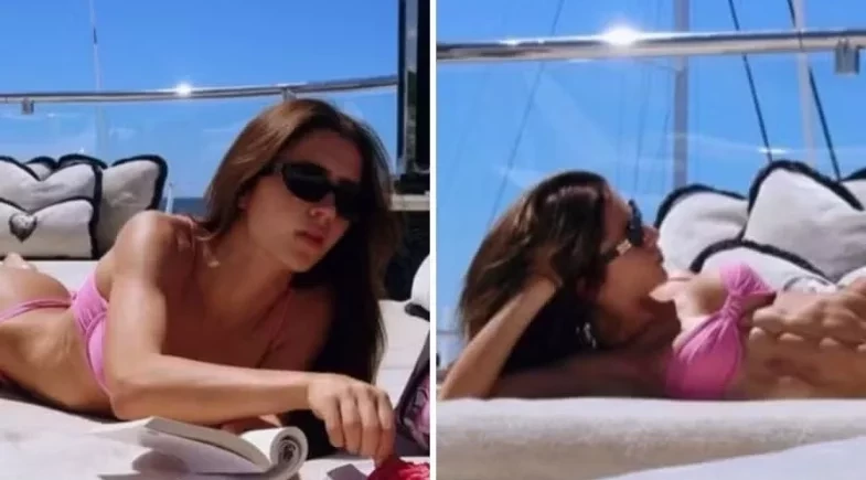 De biquíni, Jade Picon exibe abdômen definido em passeio de iate na França