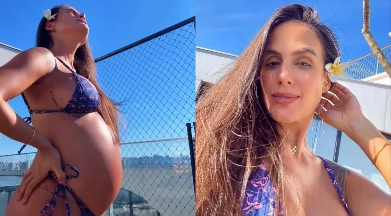 Carol Peixinho exibe barrigão de grávida ao tomar banho de sol em SP